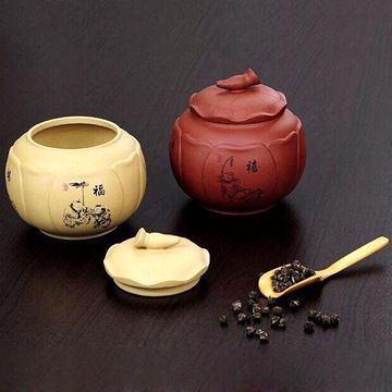 廠家直銷宜興紫砂密封防潮存茶缸普洱醒茶罐 兩色福祿壽喜蓮藕罐